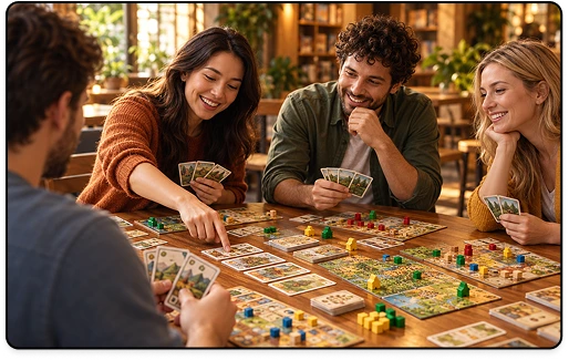 Friends discussing a move during a board game at a wooden club table