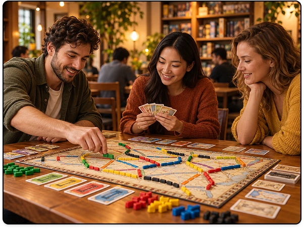 Friends playing a route-building board game with colourful train pieces and cards