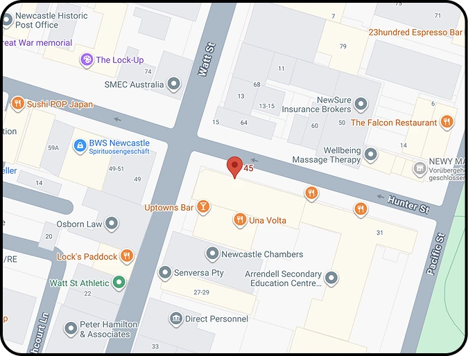 Map showing the Nestapik club location on Hunter Street in Newcastle.