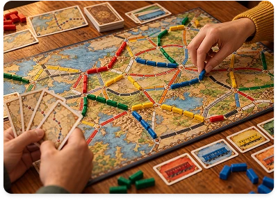 Close-up of players placing train pieces on a route-building board game map.